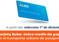 A partir del 1° de diciembre la tarjeta SUBE será el único medio de pago