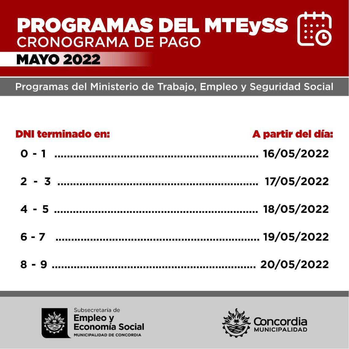 CRONOGRAMA DE PAGO MAYO 2022 DE PROGRAMAS NACIONALES DEL MTEySS