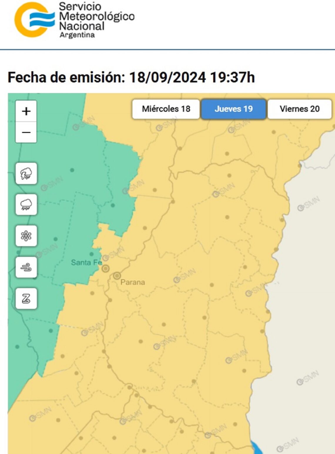 Se extendió para toda la provincia el alerta amarilla por tormentas para este jueves 19