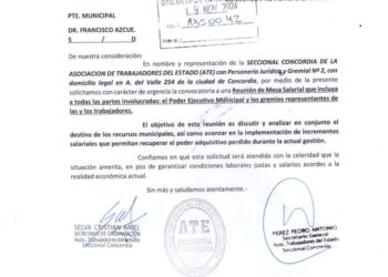 ATE SECCIONAL CONCORDIA LE PIDIÓ UNA REUNIÓN AL INTENDENTE