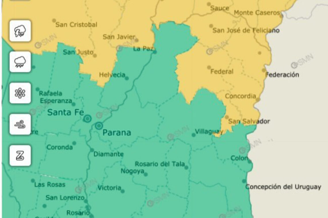 Rige una alerta amarilla por tormentas en Entre Ríos