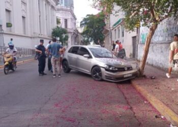 Picadas en pleno centro de Concordia: uno de los automóviles terminó contra un árbol