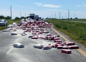 CAMIÓN CON CARGA DE ARROZ DE SAN SALVADOR VOLCÓ EN RUTA 18