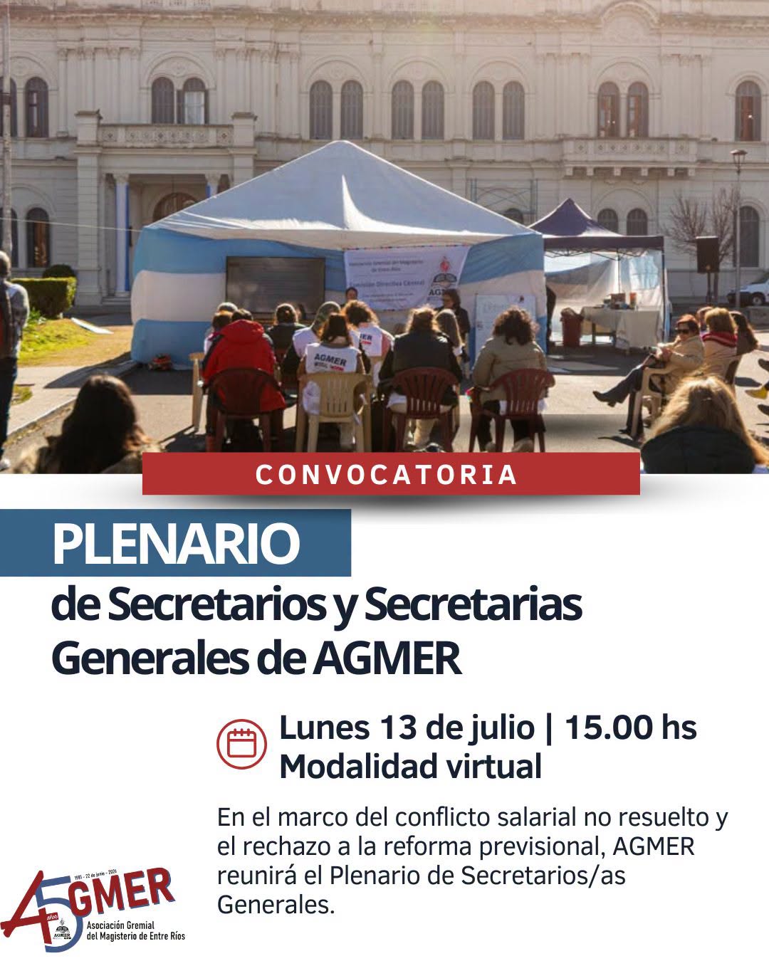 AGMER convocó para este lunes al Plenario de secretarios y secretarias Generales