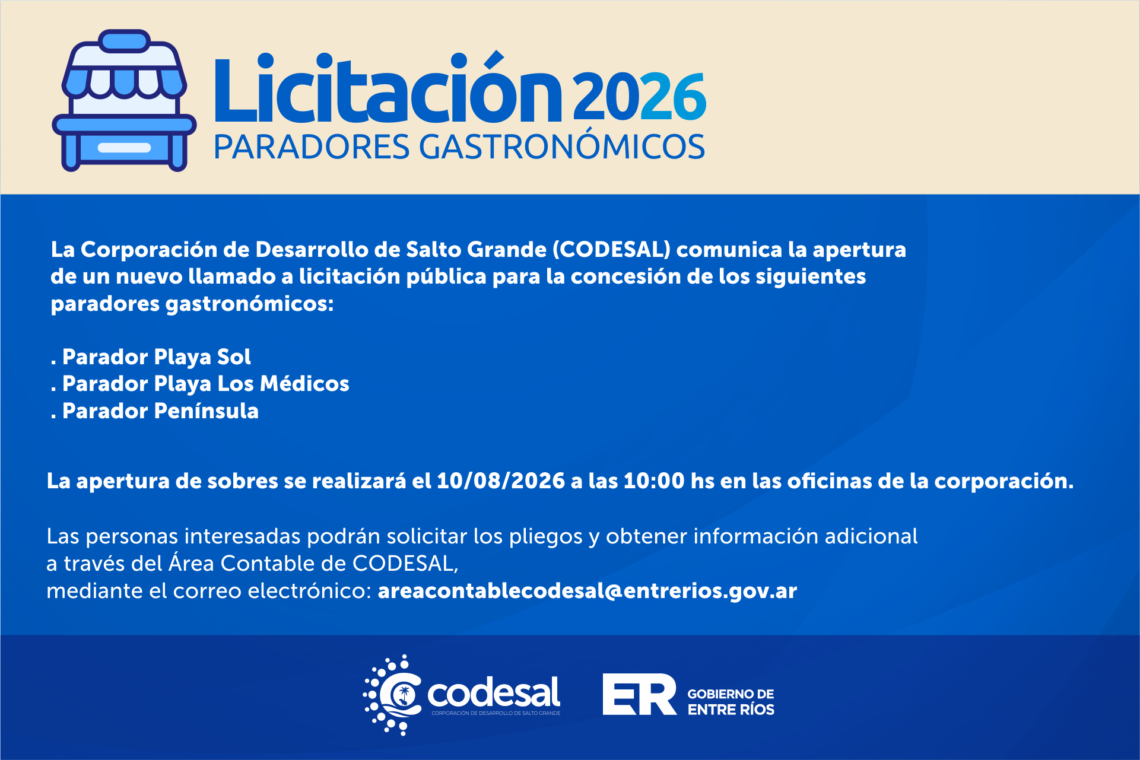 CODESAL anuncia un nuevo llamado a licitación para la concesión de tres paradores en el Lago de Salto Grande