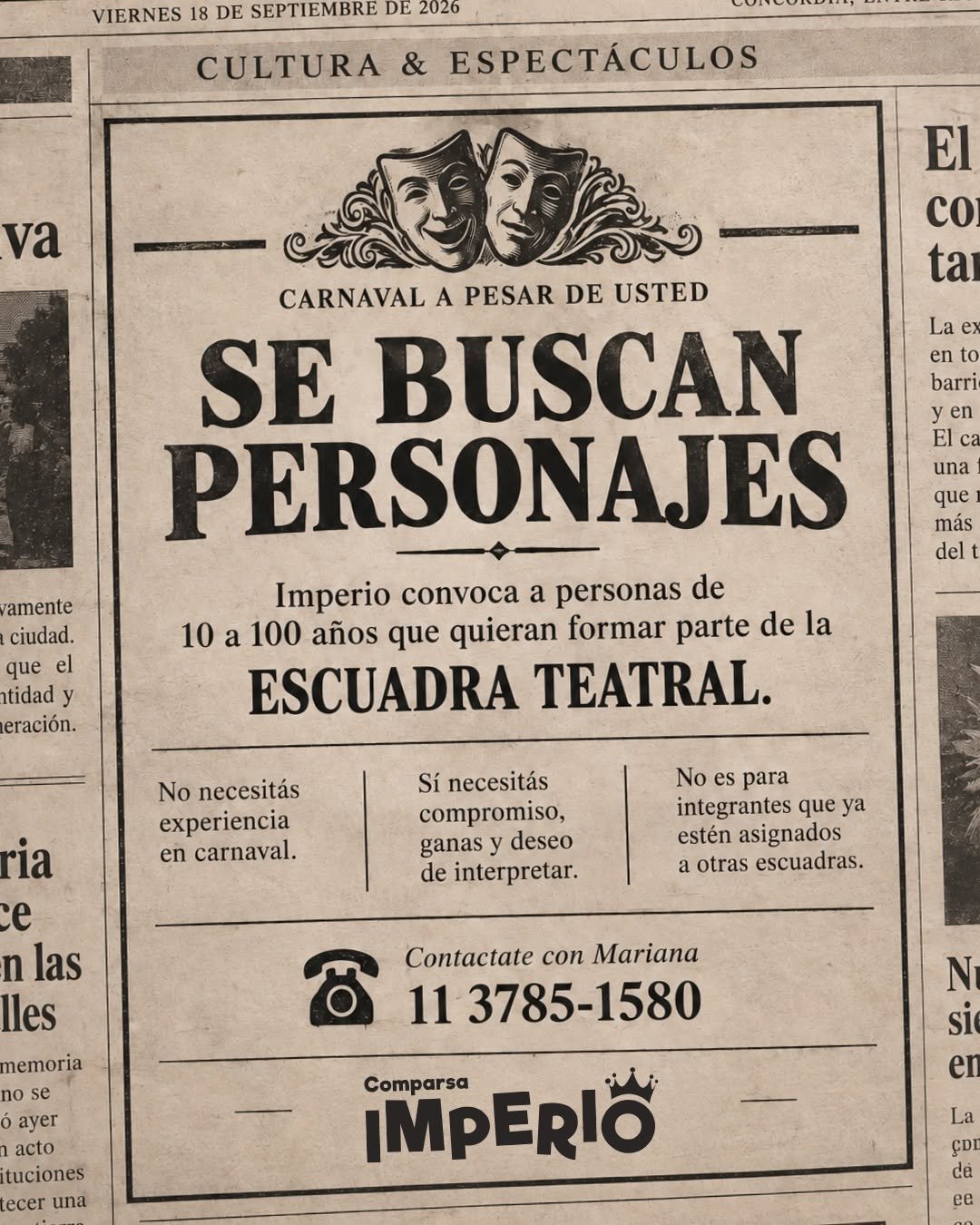 Comparsa Imperio busca integrantes para su Escuadra Teatral de cara al Carnaval