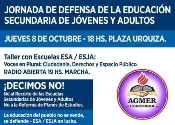 AGMER Concordia y escuelas de adultos convocan a una jornada en Plaza Urquiza