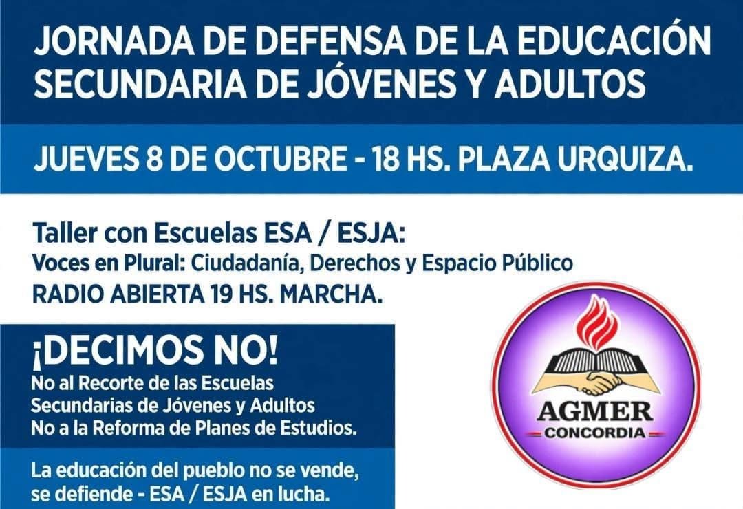 AGMER Concordia y escuelas de adultos convocan a una jornada en Plaza Urquiza
